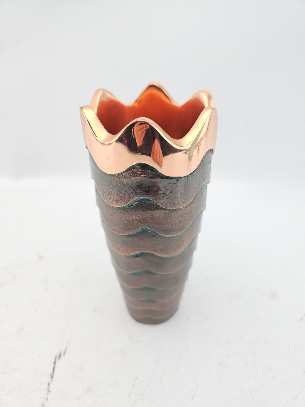 Nambe Copper and Teal Wave Ceramic Vase 7 inches high, 2.5 inches wide at top - Picture 3 of 4